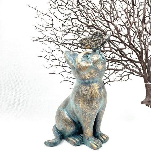 Cat Play Butterfly Figurine Buddha Sphinx Meditation Garden Art Sculptures Outdoor Statues Figurines Decoration 240729