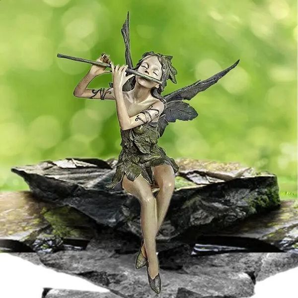 Flute Fairy Sitting Statue Outdoor Garden Courtyard Cute Resin Sculpture Crafts Decoration Gifts Home Desktop 240902