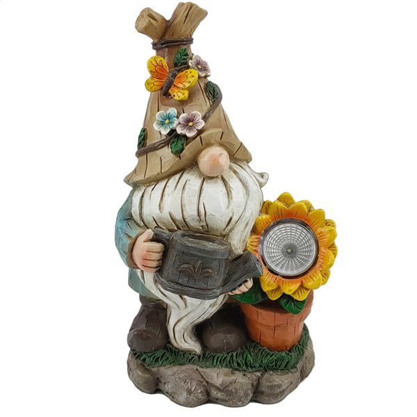 Solar Yellow Flower Dwarf Statue with LED Light Resin Outdoor Gnome Decorative Lamp Crafts Ornament Waterproof Garden Lawn Decor 241021