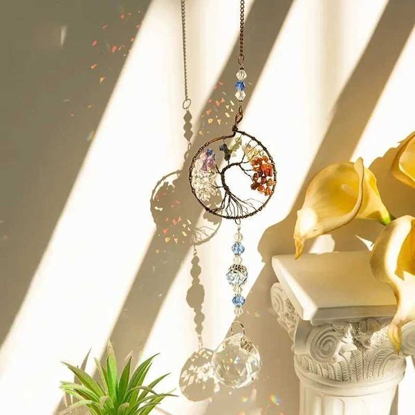 1pc Colorful Stone Tree Of Life Crystal Glass Pendant Outdoor Garden Light And Sun Catcher Decorative Crafts X2506271