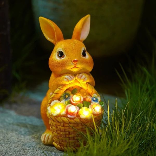 Solar Garden Statues Rabbit Flowers Decor Outdoor Indoor with LED Light Mothers Day Gardening Gifts Bunny Lawn Statue Ornament 260108