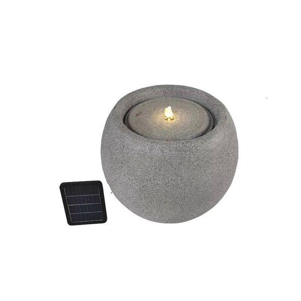 Ball Design Marble Gray Solar Fountain with Light Emitting Diode Lamp for Outdoor Fiber Stone Garden Decoration