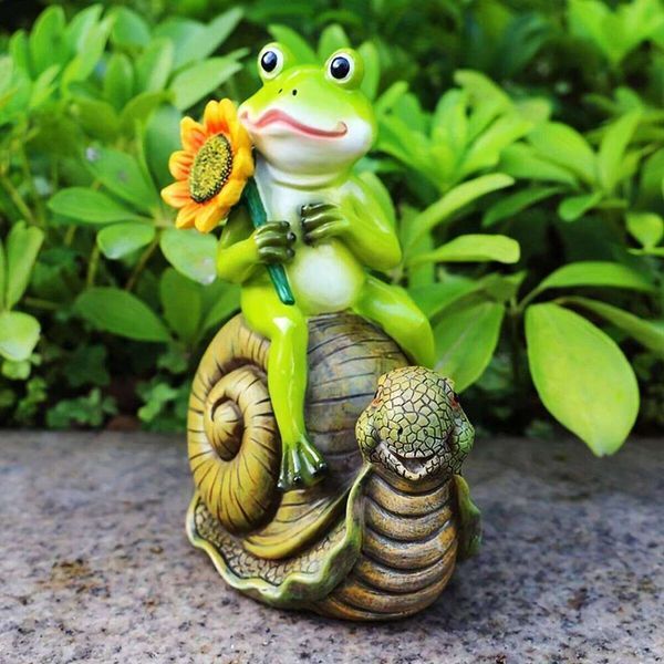 1pc cartoon frog riding snail statue, animal outdoor resin crafts, art decorations, landscape garden sculpture. 26L0202