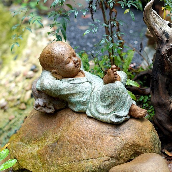 "Taking a Break" Little Monk Figurine, Zen Garden Landscape Decor, Stone-like Weathered Reclining Buddhist Sculpture