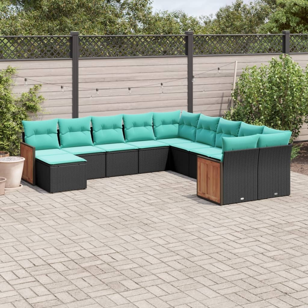 11 Piece Garden Sofa Set with Cushions Black Poly Rattan