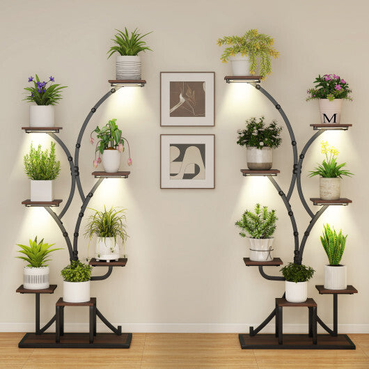Indoor Plant Stand with Grow Lights 58" Tall 8-Tier Corner Metal Plant Shelf-Set of 2 - Color: Brown - Size: Set of 2
