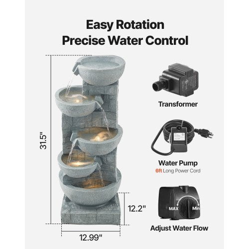 Outdoor Water Fountain, 31.5 in Height Fountain and Waterfall, 5-Tier Floor Standing Bowl-Shaped Cascading Fountains with LED Light and Pump, for Outdoor Indoor Garden, Home, Patio & Backyard