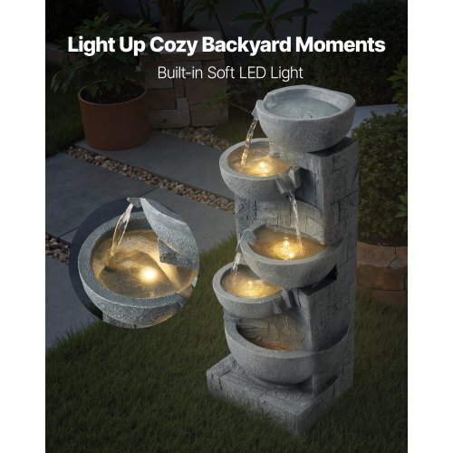 Outdoor Water Fountain, 31.5 in Height Fountain and Waterfall, 5-Tier Floor Standing Bowl-Shaped Cascading Fountains with LED Light and Pump, for Outdoor Indoor Garden, Home, Patio & Backyard