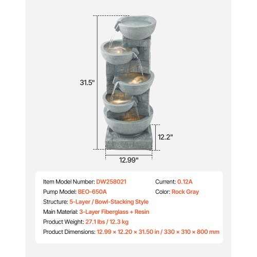 Outdoor Water Fountain, 31.5 in Height Fountain and Waterfall, 5-Tier Floor Standing Bowl-Shaped Cascading Fountains with LED Light and Pump, for Outdoor Indoor Garden, Home, Patio & Backyard