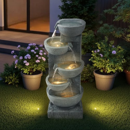 Outdoor Water Fountain, 31.5 in Height Fountain and Waterfall, 5-Tier Floor Standing Bowl-Shaped Cascading Fountains with LED Light and Pump, for Outdoor Indoor Garden, Home, Patio & Backyard