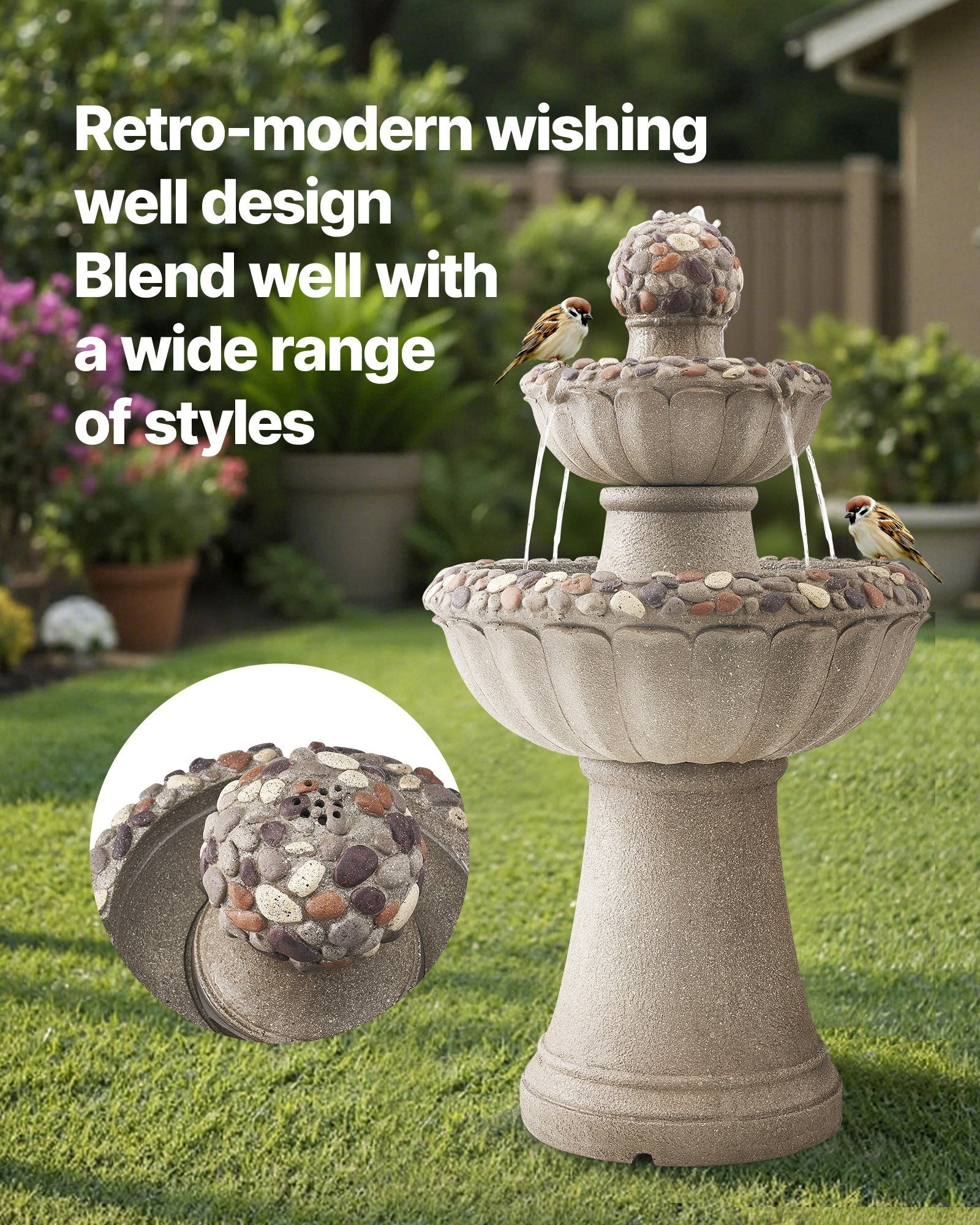 Outdoor Water Fountain, 36.5 in Height Fountain and Waterfall, 2-Tier Floor Standing Rock Base Style Fiberglass and Resin Fountains with Pump, for Outdoor Indoor Garden, Home, Patio & Backyard