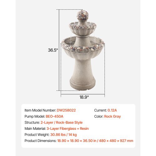 Outdoor Water Fountain, 36.5 in Height Fountain and Waterfall, 2-Tier Floor Standing Rock Base Style Fiberglass and Resin Fountains with Pump, for Outdoor Indoor Garden, Home, Patio & Backyard