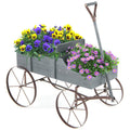 Wooden Wagon Plant Bed with Metal Wheels for Garden Yard Patio-Gray - Color: Gray