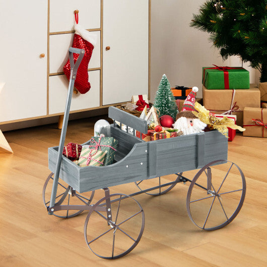 Wooden Wagon Plant Bed with Metal Wheels for Garden Yard Patio-Gray - Color: Gray