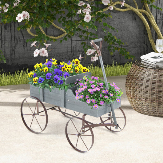 Wooden Wagon Plant Bed with Metal Wheels for Garden Yard Patio-Gray - Color: Gray