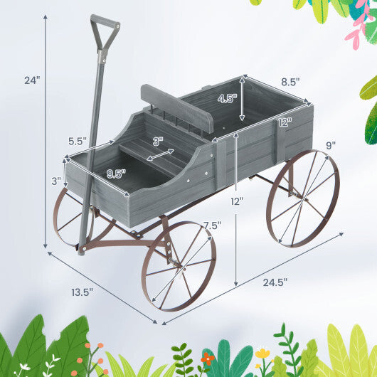 Wooden Wagon Plant Bed with Metal Wheels for Garden Yard Patio-Gray - Color: Gray