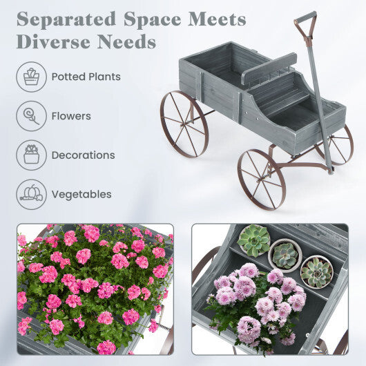 Wooden Wagon Plant Bed with Metal Wheels for Garden Yard Patio-Gray - Color: Gray