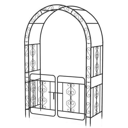 Garden Arbor with Gate with Multiple Side Crossbars and 4 Sharp Ground Stakes-Black - Color: Black
