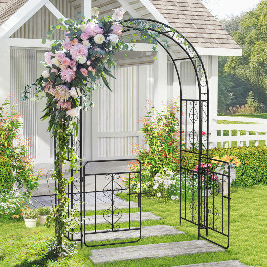 Garden Arbor with Gate with Multiple Side Crossbars and 4 Sharp Ground Stakes-Black - Color: Black