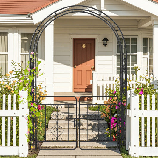 Garden Arbor with Gate with Multiple Side Crossbars and 4 Sharp Ground Stakes-Black - Color: Black