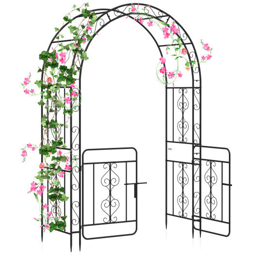 Garden Arbor with Gate with Multiple Side Crossbars and 4 Sharp Ground Stakes-Black - Color: Black