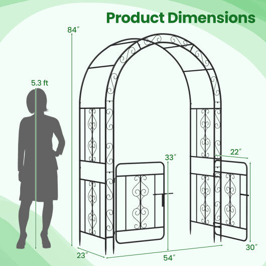 Garden Arbor with Gate with Multiple Side Crossbars and 4 Sharp Ground Stakes-Black - Color: Black