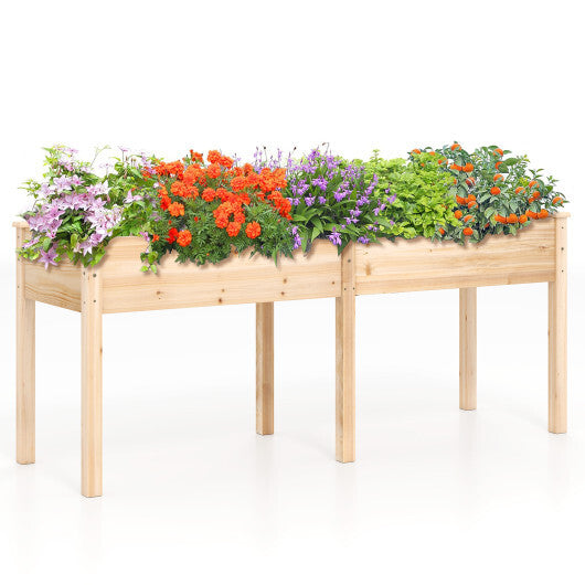 Fir Wood Outdoor Raised Garden Bed with Divider Panel and Drainage Holes-Natural - Color: Natural