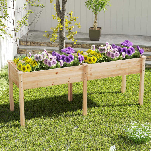 Fir Wood Outdoor Raised Garden Bed with Divider Panel and Drainage Holes-Natural - Color: Natural