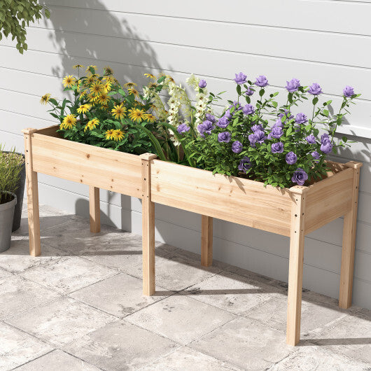 Fir Wood Outdoor Raised Garden Bed with Divider Panel and Drainage Holes-Natural - Color: Natural