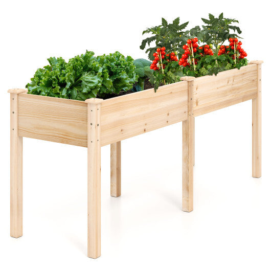 Fir Wood Outdoor Raised Garden Bed with Divider Panel and Drainage Holes-Natural - Color: Natural