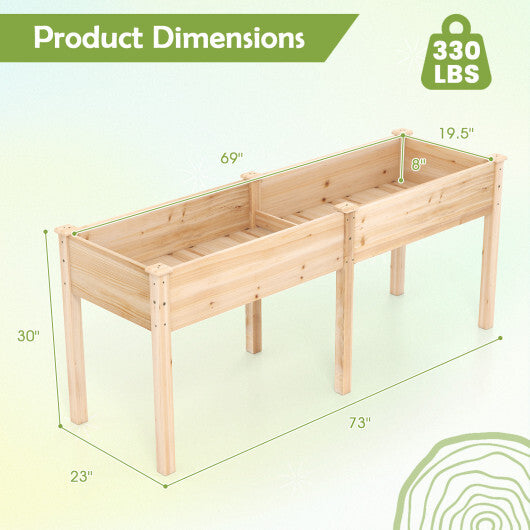 Fir Wood Outdoor Raised Garden Bed with Divider Panel and Drainage Holes-Natural - Color: Natural