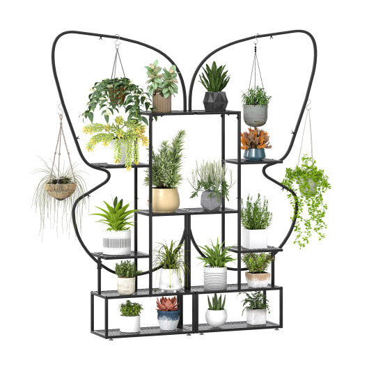 6-Tier Metal Plant Stand Ladder Display Rack with Hanging Hooks-Black - Color: Black