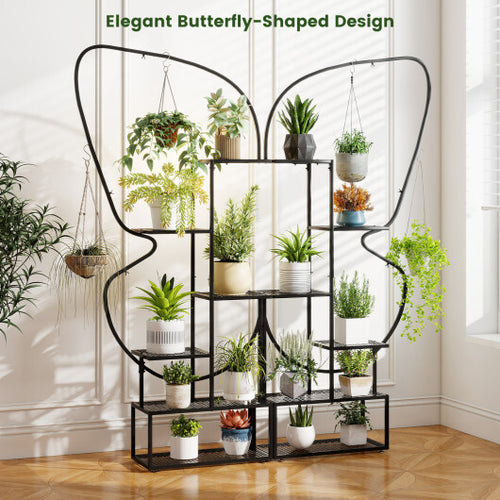 6-Tier Metal Plant Stand Ladder Display Rack with Hanging Hooks-Black - Color: Black