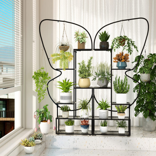 6-Tier Metal Plant Stand Ladder Display Rack with Hanging Hooks-Black - Color: Black