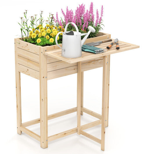 Wooden Raised Garden Bed with Legs and Foldable Side Table - Color: Natural