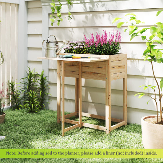 Wooden Raised Garden Bed with Legs and Foldable Side Table - Color: Natural