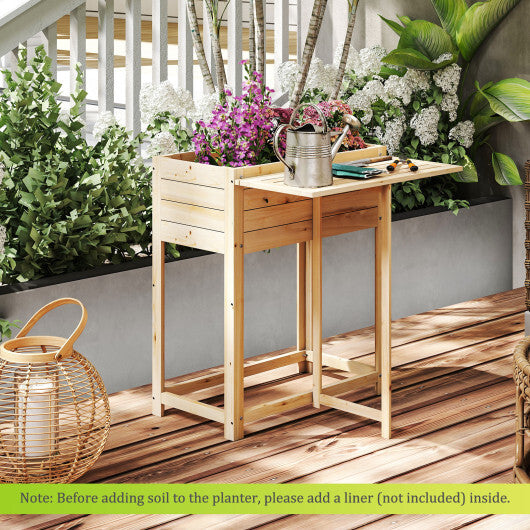 Wooden Raised Garden Bed with Legs and Foldable Side Table - Color: Natural