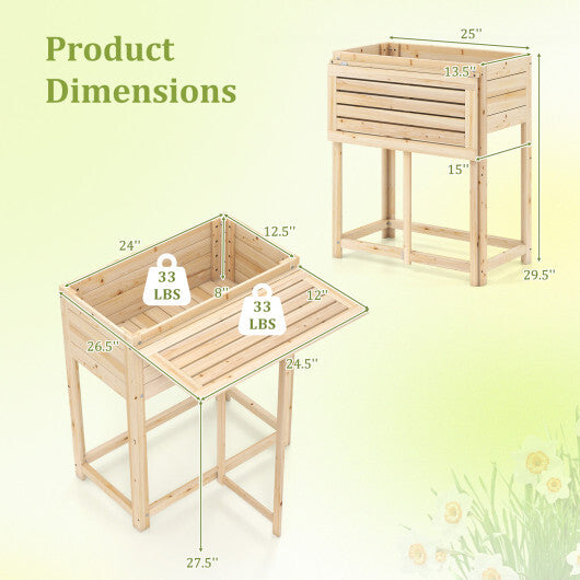 Wooden Raised Garden Bed with Legs and Foldable Side Table - Color: Natural