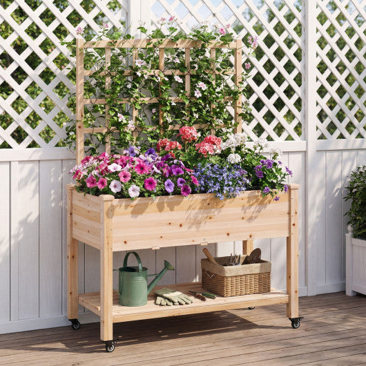 Wooden Mobile Raised Garden Bed on Wheels with Trellis-Natural - Color: Natural