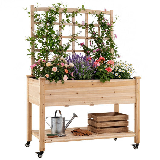 Wooden Mobile Raised Garden Bed on Wheels with Trellis-Natural - Color: Natural