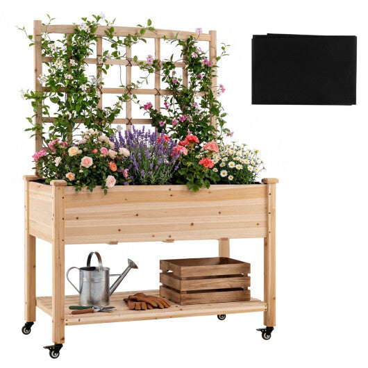 Wooden Mobile Raised Garden Bed on Wheels with Trellis-Natural - Color: Natural