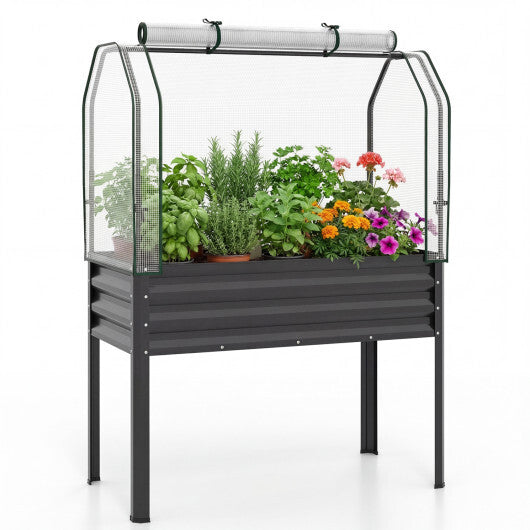 Galvanized Raised Garden Bed with Legs and Greenhouse Cover for Vegetable Flower-Black - Color: Black