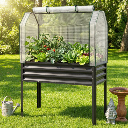 Galvanized Raised Garden Bed with Legs and Greenhouse Cover for Vegetable Flower-Black - Color: Black