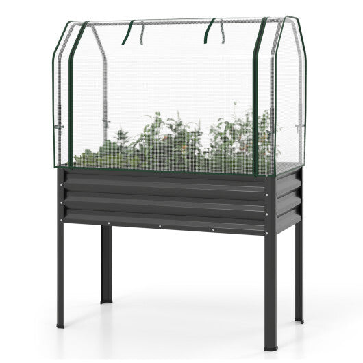 Galvanized Raised Garden Bed with Legs and Greenhouse Cover for Vegetable Flower-Black - Color: Black