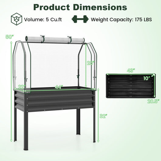 Galvanized Raised Garden Bed with Legs and Greenhouse Cover for Vegetable Flower-Black - Color: Black