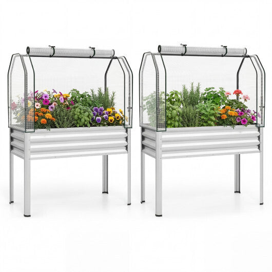 2 Pieces Galvanized Raised Garden Bed with Legs and Greenhouse Cover for Vegetable Flower-Silver - Color: Silver