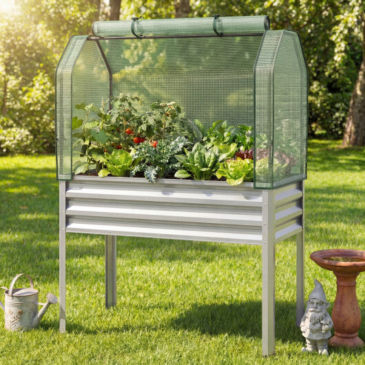 2 Pieces Galvanized Raised Garden Bed with Legs and Greenhouse Cover for Vegetable Flower-Silver - Color: Silver
