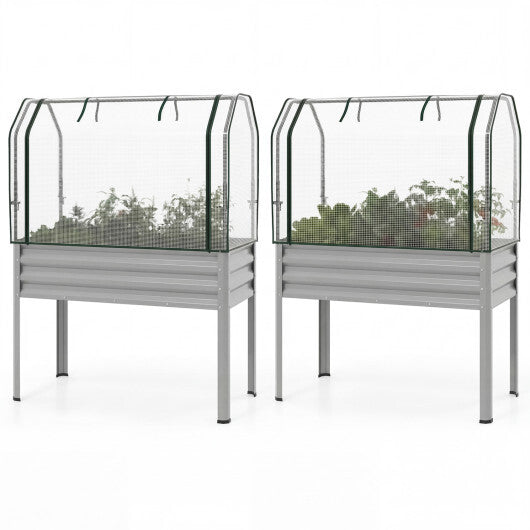 2 Pieces Galvanized Raised Garden Bed with Legs and Greenhouse Cover for Vegetable Flower-Silver - Color: Silver