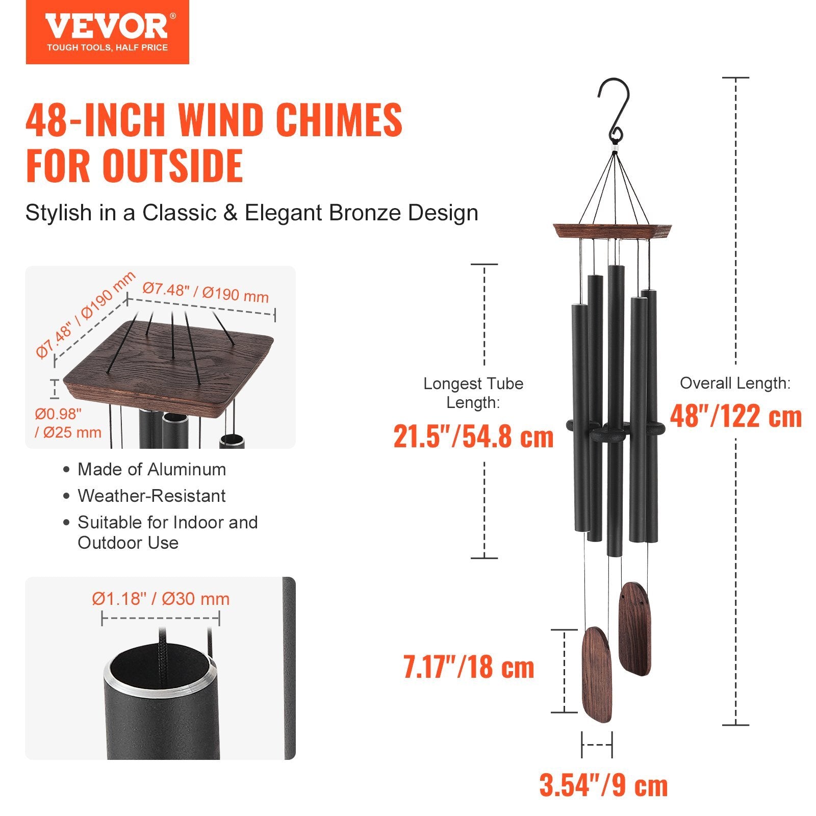 Wind Chimes for Outside, 48 in, Deep Tone Wind Chimes with 5 Tubes, Unique Large Memorial Wind Chimes for Anniversary, Amazing Outdoor Decor for Your Patio, Porch, Garden and Backyard, Black