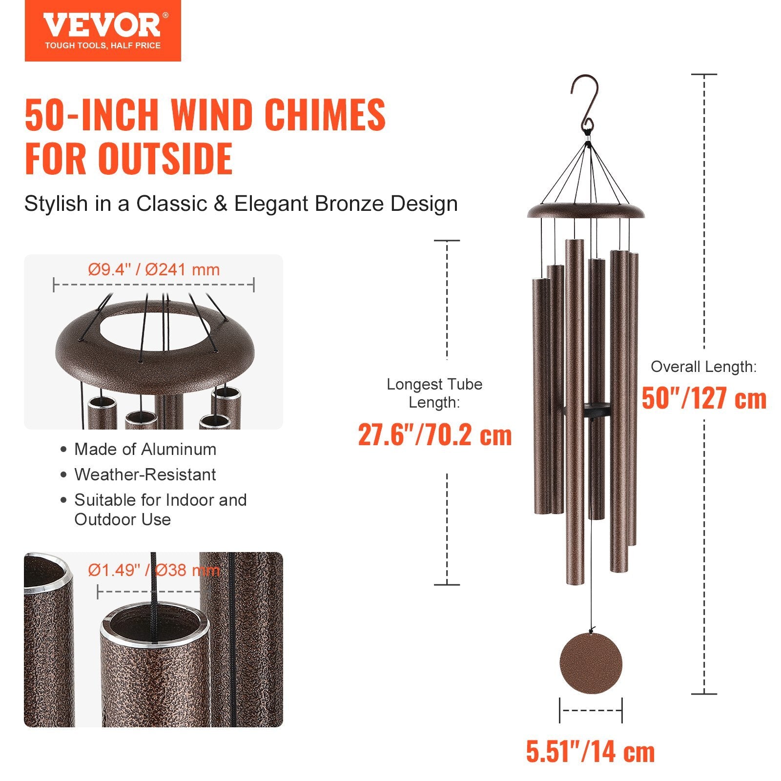 Wind Chimes for Outside, 50", Deep Tone Wind Chimes with 6 Tubes, Unique Large Memorial Wind Chimes for Anniversary, Amazing Outdoor Decor for Your Patio, Porch, Garden and Backyard, Copper Vein